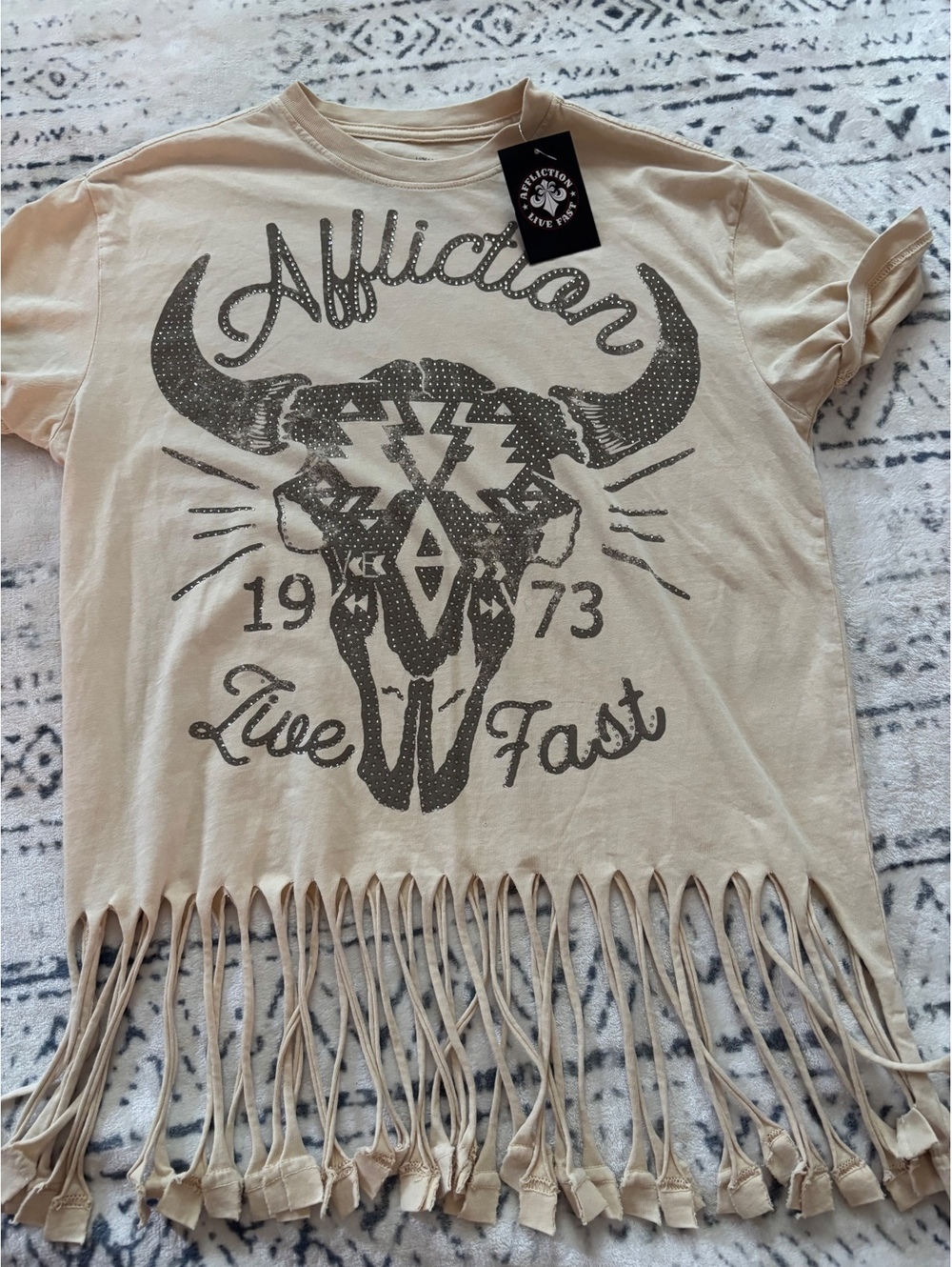 Affliction Live Fast 1973 Fringe T-Shirt Small Beige Cotton